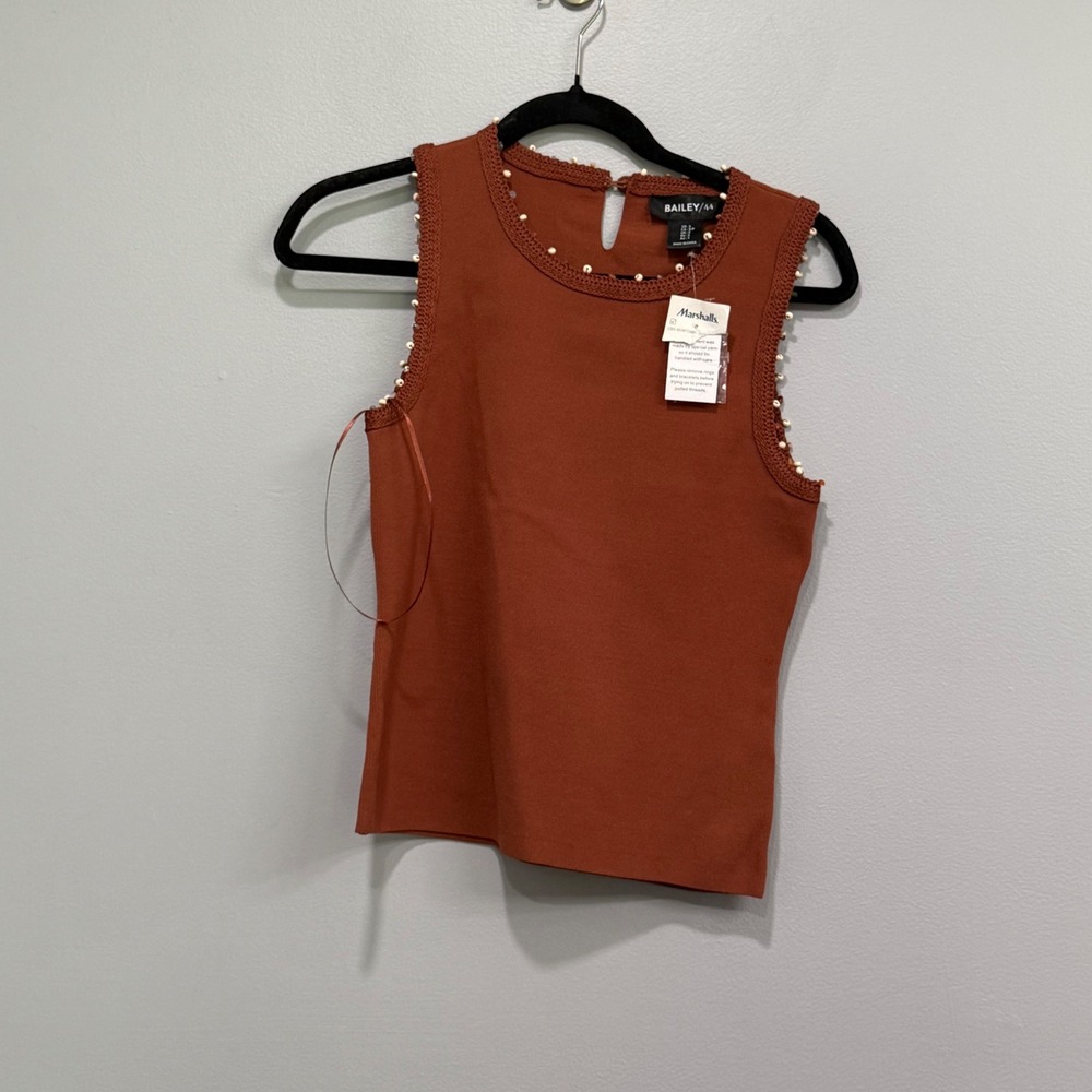 Bailey 44 Rust Brown Beaded Crochet Trim Sleeveless Knit Top Small NWT